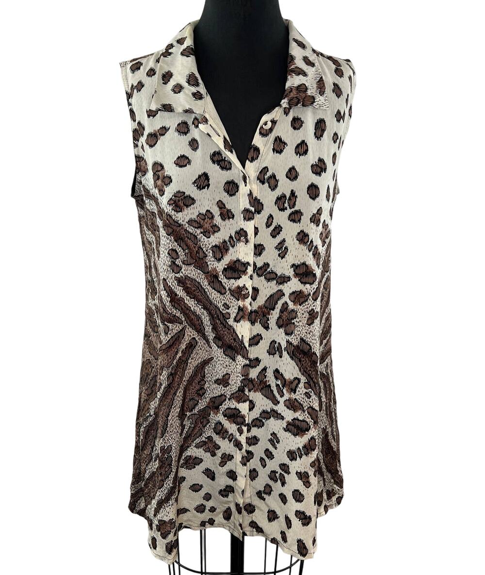 Lea by Lea Gottlieb Cream Brown Leopard Print Sleeveless Button Down Tunic Sz M